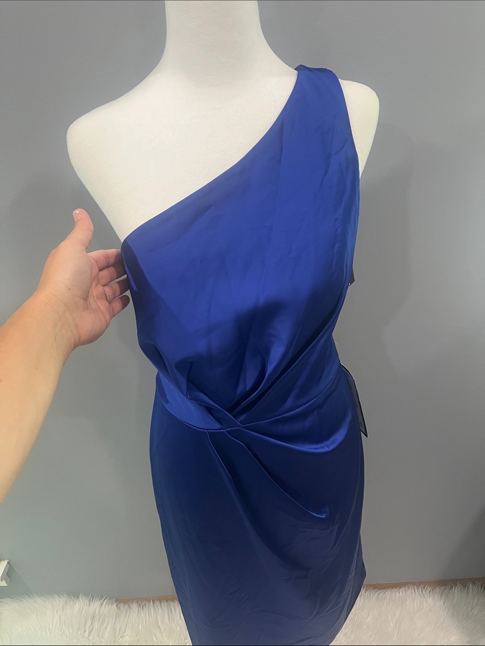 Alex and Ani Cobalt Blue One-Shoulder Satin Cocktail Dress - Picture 1 of 10